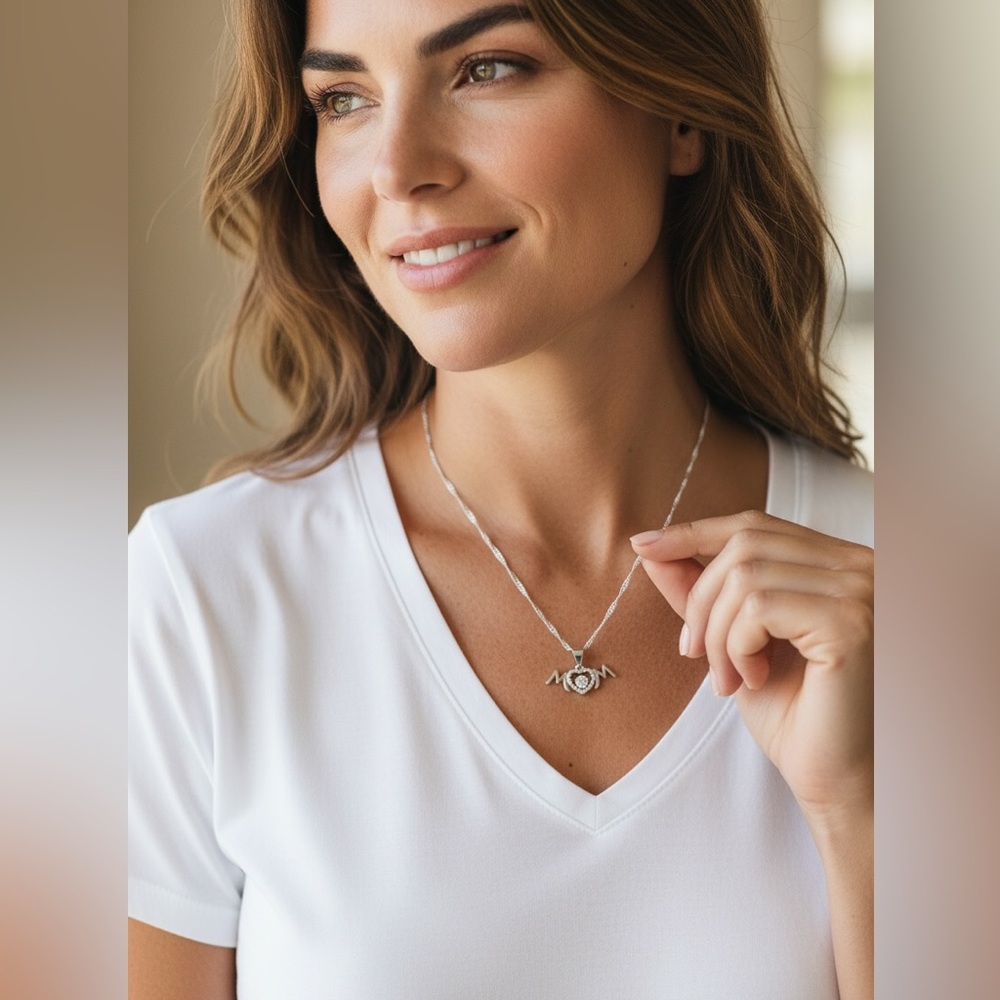 Elegant 925 Sterling Silver CZ MOM charm O Heart Pendant Necklace Shimmering CZ